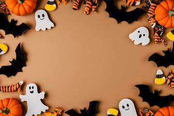 Spooky halloween scene on crumpled cardboard background