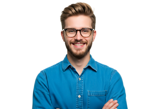 Young man with glasses smiling confidently with arms crossed on a white background