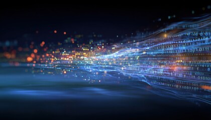 Abstract Digital Data Stream Visualization, Binary Code, Information Technology, Future Technology, Blue and Orange Light
