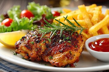 chicken and French fries on a white plate with fresh salad, a lemon wedge and ketchup sauce.