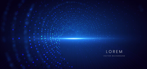 Technology futuristic digital dot glowing particles on dark blue background.