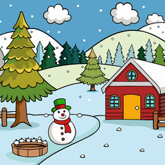 Early Winter Landscape Illustration | Snowy House, Snowman, Pine Trees and Mountains.