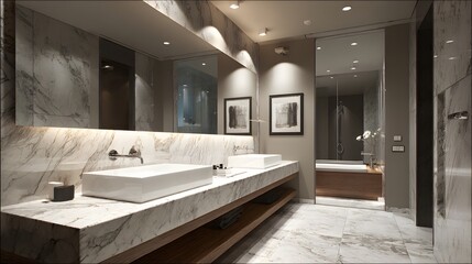 Elegant bathroom design with marble details, modern lighting