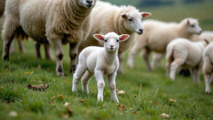 Obraz premium Flock of sheep in a rural landscape, featuring close-ups of a Suffolk sheep, a newborn lamb, and abstract aerial drone views of the herd.