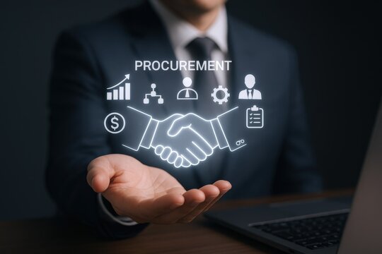 Procurement concept: Businessman presenting a digital handshake symbolizing strategic sourcing and supply chain management solutions