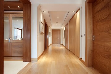 Obraz premium Neutral hallway interior with wooden details, uncluttered