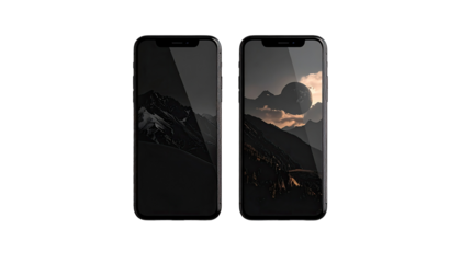 Two smartphones displaying dark, landscape images of mountains