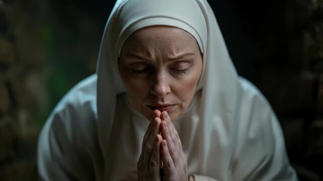 A compelling video shows a nun in deep prayer inside a dimly lit church. The scene evokes reflection, showcasing her devotion and unwavering faith in God