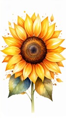 Fototapeta premium Vibrant Watercolor Sunflower Painting with Green Leaves Against White Background