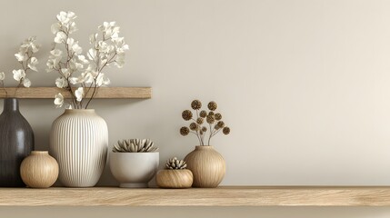 Obraz premium Modern shelf with clean decor, bright neutral wall background