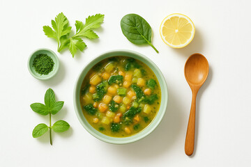 Healthy Green Chickpea and Vegetable Soup Flat Lay with Fresh Ingredients and Herbs