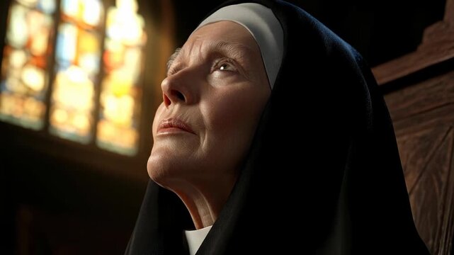 This close-up presents a Nun inside a Church. She is in deep prayer and contemplation, illuminated by the natural light that filters through the stained glass. Shows reflection of faith and God