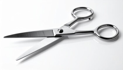 Obraz premium Opened Pair of Sharp Metal Scissors with Silver Handles on White Surface