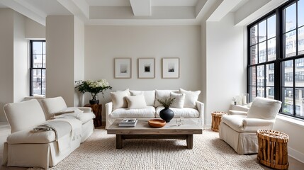 Fototapeta premium Minimal loft with bright neutral walls, clean furniture