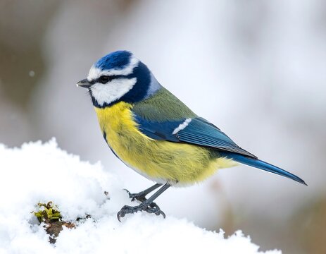 Blue tit perched on snow
