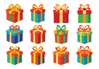 Twelve Colorful Cartoon Gift Boxes with Bows