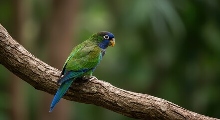 Obraz premium Vibrant blue-headed parrot with striking green plumage perches on a textured tree branch in a lush, verdant forest setting, showcasing nature's beauty and wildlife.