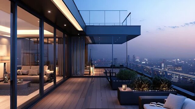Modern balcony view of a luxurious city skyline at dusk with elegant furniture and warm ambient lighting