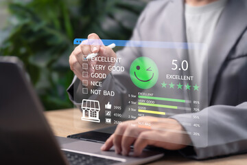 Online Store Review Concept, Businessman Give Top Rating E-Commerce Shop via Website,Customer Feedback, Quality Service Evaluation, Digital Marketplace Trust,User Experience, Excellent Online Shopping