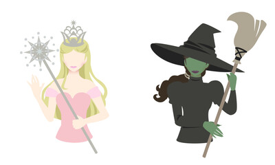 Vector illustration of a blonde good witch and a green-skinned wicked witch.Two witch characters from the Wizard of Oz in fantasy and fairy tales.	