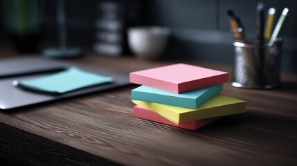 Stack of colorful sticky notes on a wooden desk creating a vibrant workspace atmosphere
