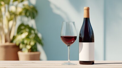 Elegant Red Wine Bottle and Glass Still Life on Wooden Surface with Modern Background