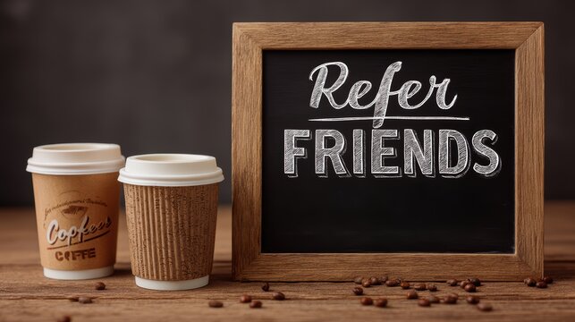 A cozy coffee shop display featuring two takeaway cups and a chalkboard sign promoting a referral program for friends, refer a friend to work