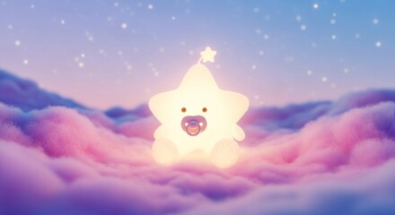 Naklejka premium A glowing star-shaped night light sits nestled amidst soft, pastel-colored clouds against a backdrop of twinkling stars, creating a peaceful and dreamy atmosphere.