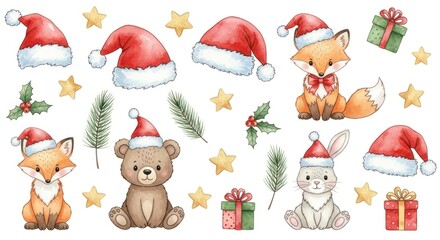 Fototapeta premium Cute watercolor illustration of woodland animals wearing Santa hats, Christmas gifts, and festive elements.