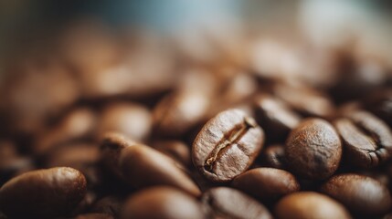 Fototapeta premium Roasted Coffee Beans Close-Up: Aromatic Texture and Rich Color for Culinary and Beverage Designs