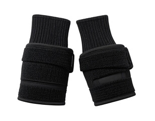 Pair of black, ribbed knit fingerless gloves with a terrycloth wrist band.  The gloves have a snug, secure fit