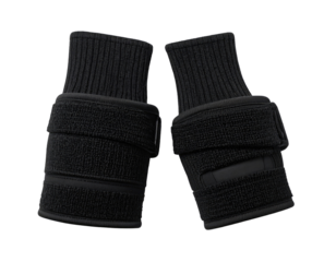 Pair of black, ribbed knit fingerless gloves with a terrycloth wrist band.  The gloves have a snug, secure fit