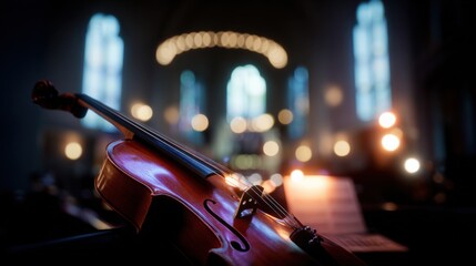 Violin Resting in Grand Hall with Glowing Lights and Sheet Music, Evoking Music Performance