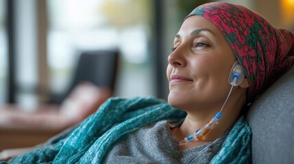 cancer patient receiving chemotherapy, IV drip connected, blurred background of a supportive care center