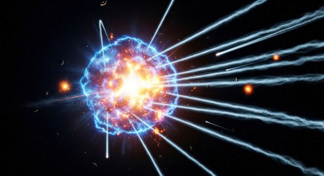 A powerful cosmic explosion radiates outward with vibrant blue and orange energy beams, showcasing a dynamic stellar event in a dark cosmic expanse.