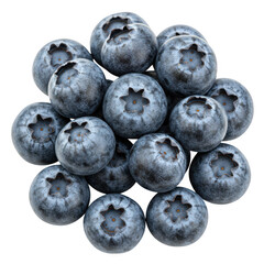 Fresh blueberries pile close up shot isolated on transparent background