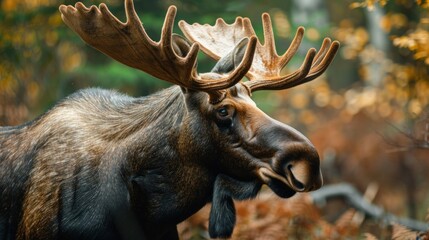 A majestic moose with large antlers stands in a forest, surrounded by autumn leaves.