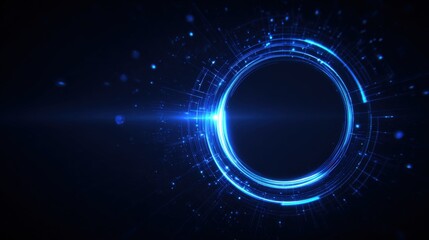 Abstract Technology Circle with Glowing Light Streaks and Particle Effects on a Dark Blue Background