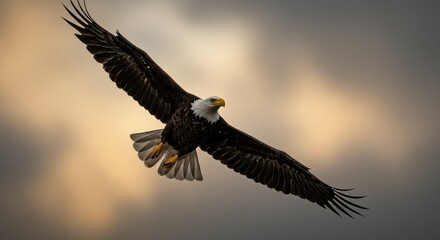 Fototapeta premium Majestic bald eagle soaring with outstretched wings against a dramatic sky with warm sunset hues, freedom concept
