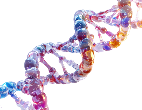 Colorful, abstract DNA double helix.  Visually depicts  a  3D  model of  DNA strands  with  glowing,  translucent  colors