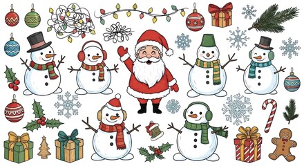 A cheerful collection of festive Christmas characters and decorations, including snowmen, Santa Claus, ornaments, and gifts, displayed on a white background.