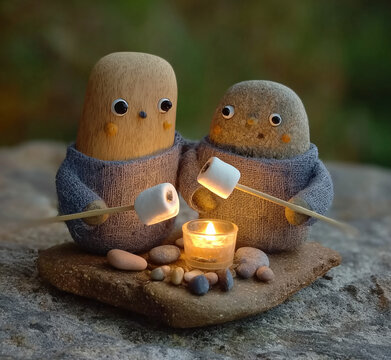 Two Stones Roasting Marshmallows Over a Campfire While Camping