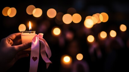 people hold ribbons and candles in memory of those lost to cancer, emotional blurred background