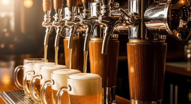 A row of polished beer taps fill glasses with frothy, golden liquid in a dimly lit bar.