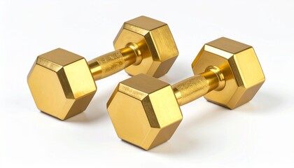 Two golden hexagonal dumbbells with textured grip handles placed side by side on a white background, emphasizing luxury fitness design and metallic contrast.