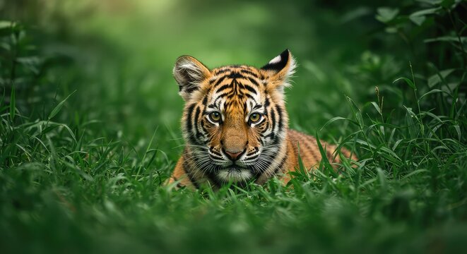 Stunning tiger cub resting in lush green grass, captivating wildlife portrait with mesmerizing eyes and vibrant colors - Powered by Adobe
