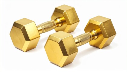 Two golden hexagonal dumbbells with textured grip handles placed side by side on a white background, emphasizing luxury fitness design and metallic contrast.