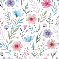 Bright watercolor seamless floral pattern with pink and purple wild garden flowers