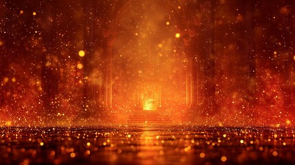 Glowing Indian temple interior filled with golden light, fire sparks and reflections, symbolic Dussehra holiday background representing victory of good over evil.