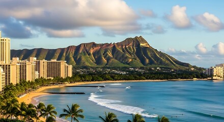 Golden Hour Sunset over Waikiki Beach and Diamond Head in Honolulu.